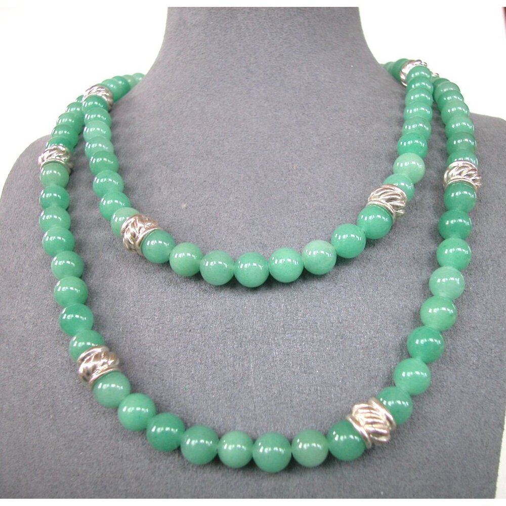 Green Aventurine & Silver Bead Necklace, Single Strand, 36",Hook Closure